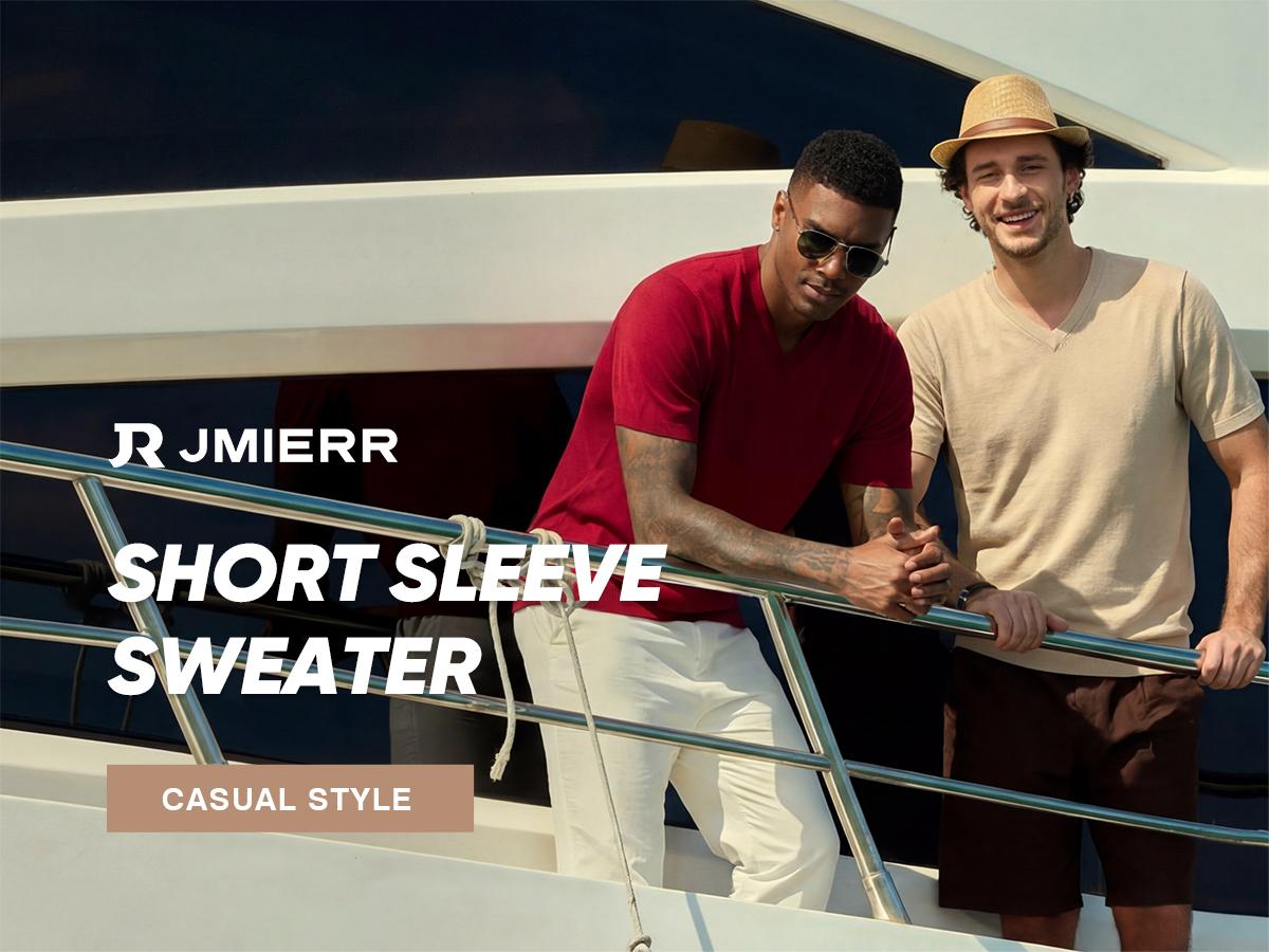 JMIERR Men's Wool Blend Short Sleeve V-Neck Sweater Soft Textured Knit Pullover for Business Casual Wear
