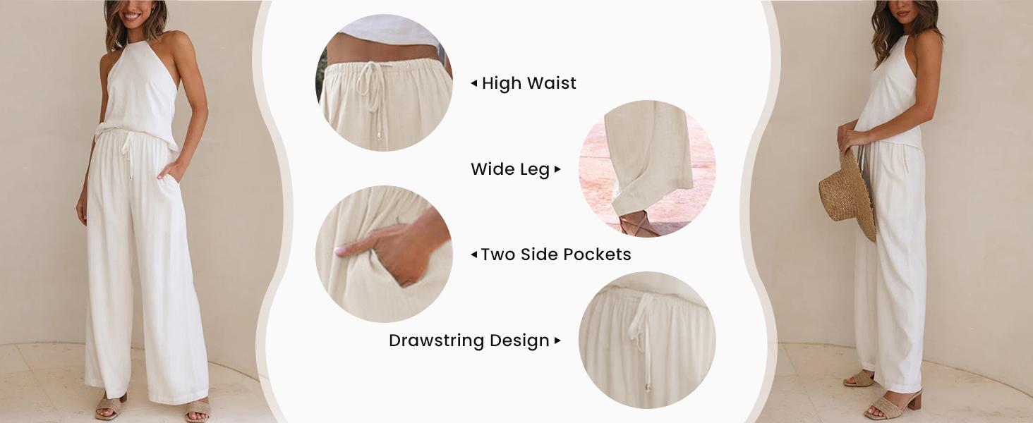 UANEO Women's Cotton Linen Summer Palazzo Pants Flowy Wide Leg Beach Trousers with Pockets Casual Womenswear