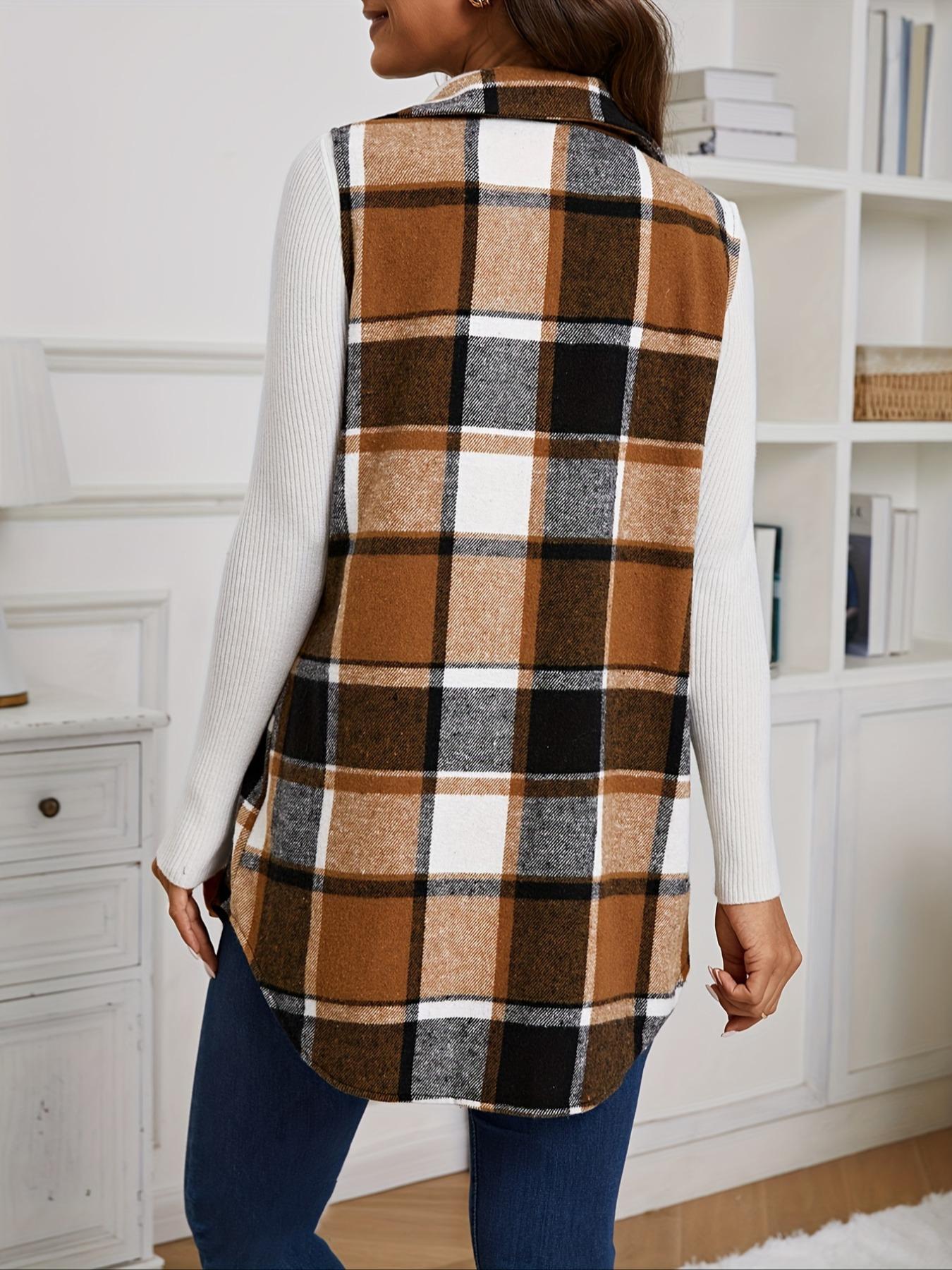 Women's Plaid-Print Button-Front Fitted Vest Coat Tops, Casual Comfy Vest, Casual Lady Pocket Design Collared Waistcoat for Spring & Fall, Fashion Women's Clothing for Daily Wear Womenswear