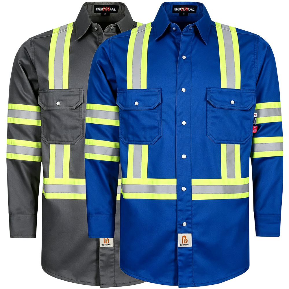 6.5 oz French hi-vis work shirts with pearl snap closure