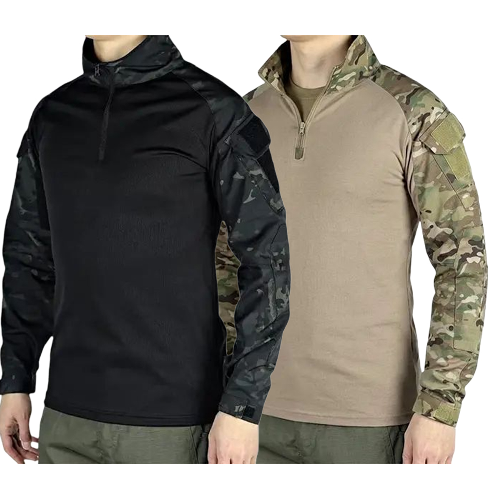 Men’s long-sleeve top with a half zipper and stand collar, available in six colors; camouflage color-block design, stretchy and breathable for outdoor wear.