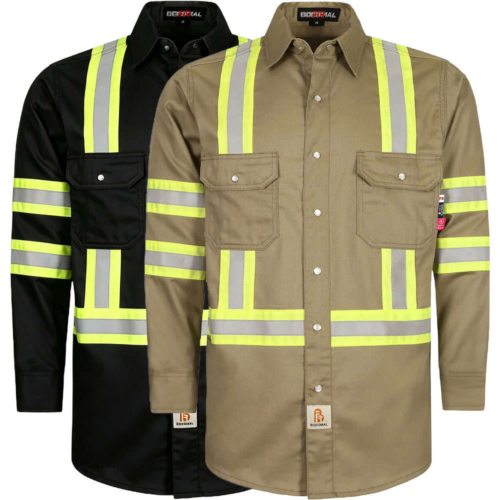 6.5 oz French hi-vis work shirts with pearl snap closure