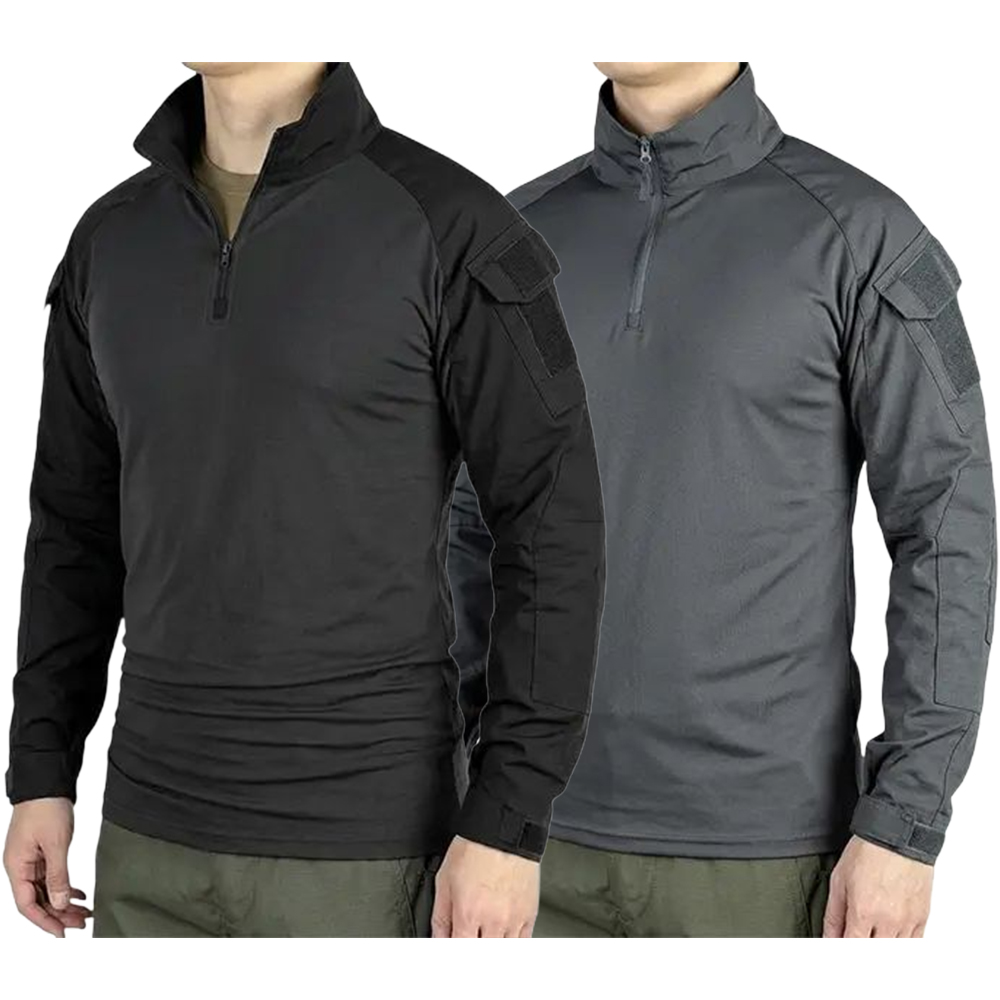 Men’s long-sleeve top with a half zipper and stand collar, available in six colors; camouflage color-block design, stretchy and breathable for outdoor wear.