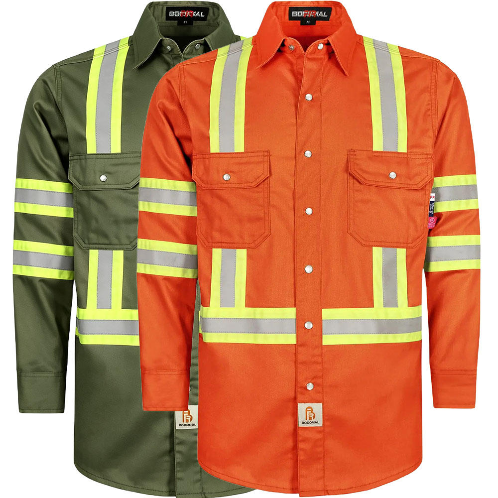 6.5 oz French hi-vis work shirts with pearl snap closure