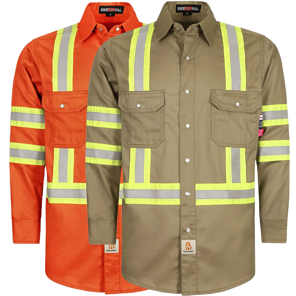 6.5 oz French hi-vis work shirts with pearl snap closure