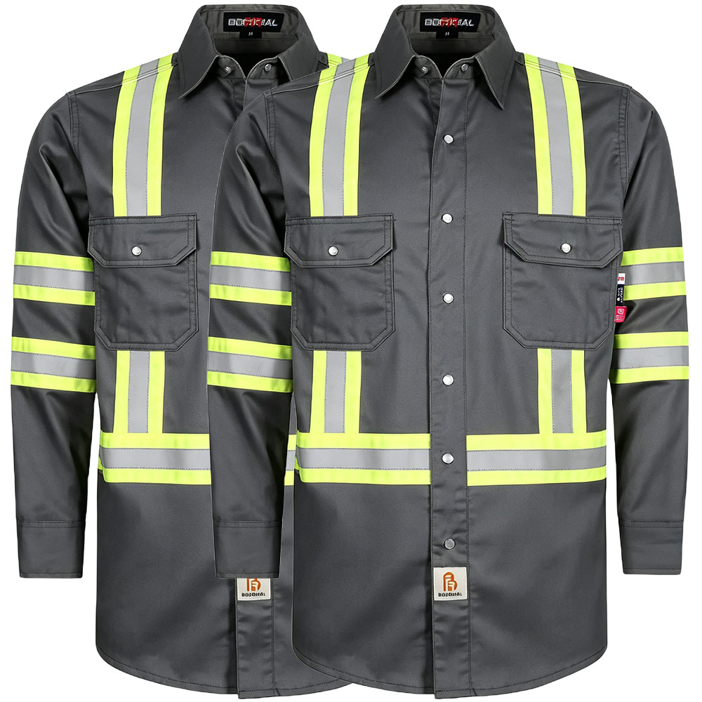 6.5 oz French hi-vis work shirts with pearl snap closure