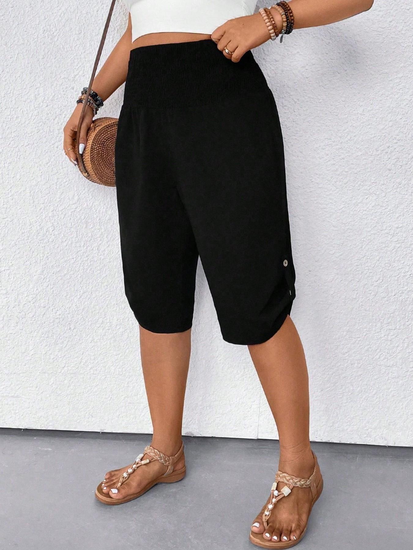 Women's Casual Tummy Control High Waist Fitted Wide Leg Capri Pants Smocked Waist Button Hem Loose Fit Cropped Trousers Summer Shorts Beach Vacation Lounge Daily Work Outfits Solid Black Stretchy Soft Breathable Lightweight Spring Break 2026 Plus Size Women's Casual Tummy Control High Waist Fitted Wide Leg Capri Pants Smocked Waist Button Hem Loose Fit Cropped Trousers Summer Shorts Beach Vacation Lounge Daily Work Outfits Solid Black Stretchy Soft Breathable Lightweight Spring Break 2026 Plus Size