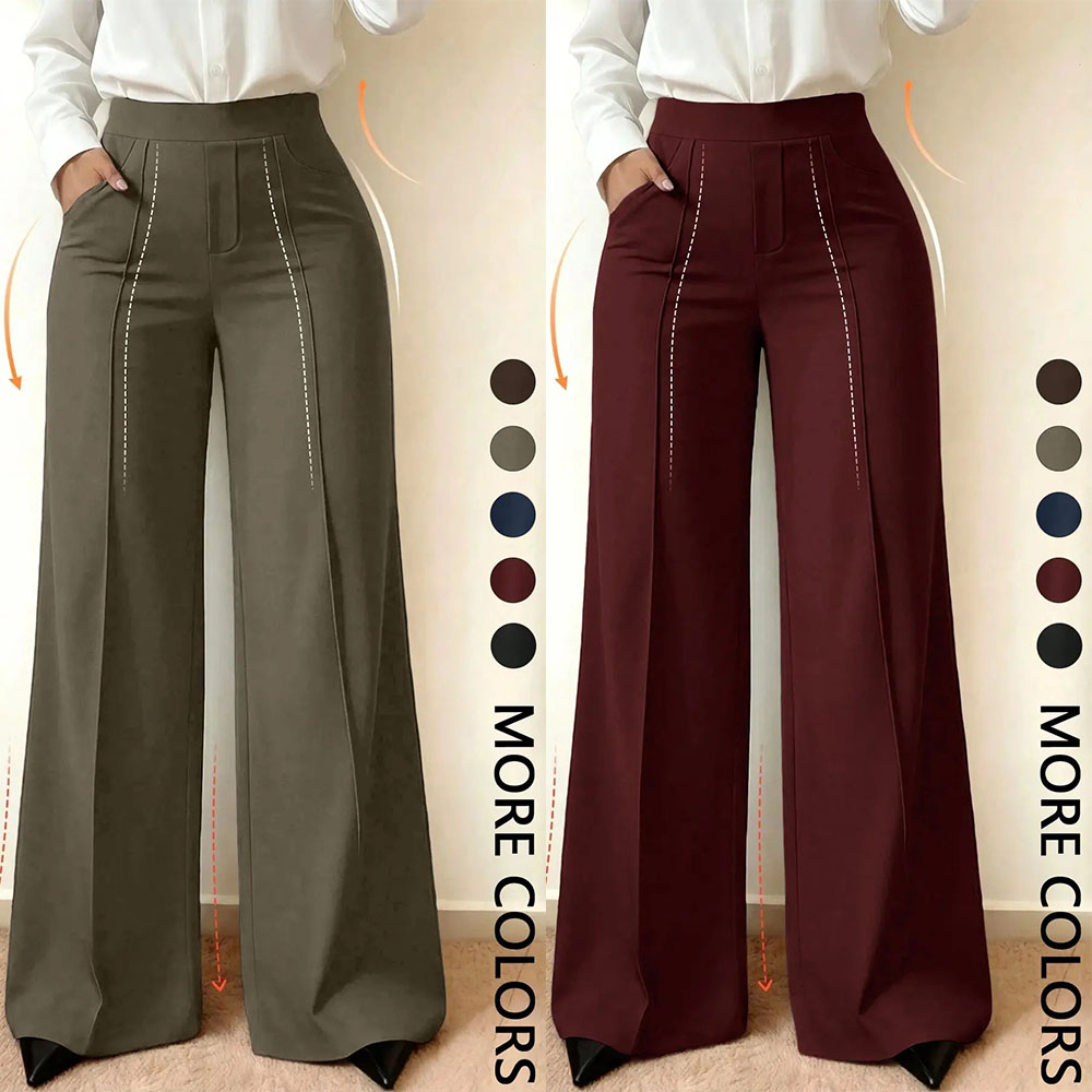 Wide Leg Commuter Pants, Front Center Split with Pockets, Loose Fit Slimming Suit Pants