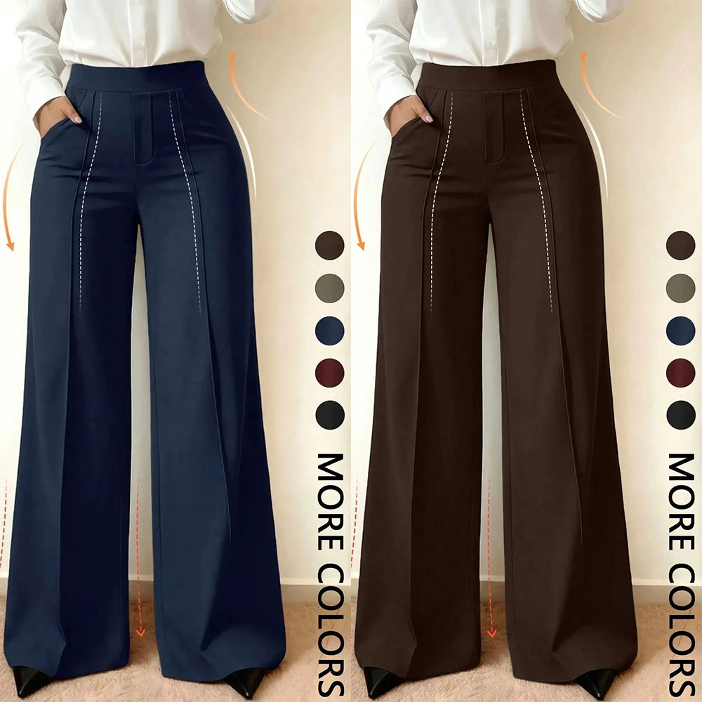 Wide Leg Commuter Pants, Front Center Split with Pockets, Loose Fit Slimming Suit Pants