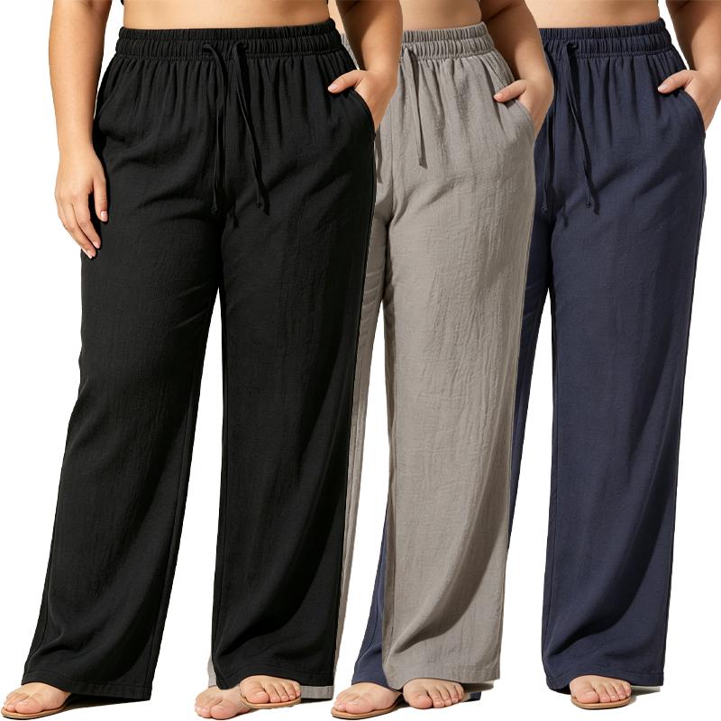 3-pack drawstring joggers for curvy/slightly fuller women, featuring a linen texture, high elastic waistband, loose wide legs, and side pockets; breathable and lightweight summer casual beach workout pants.