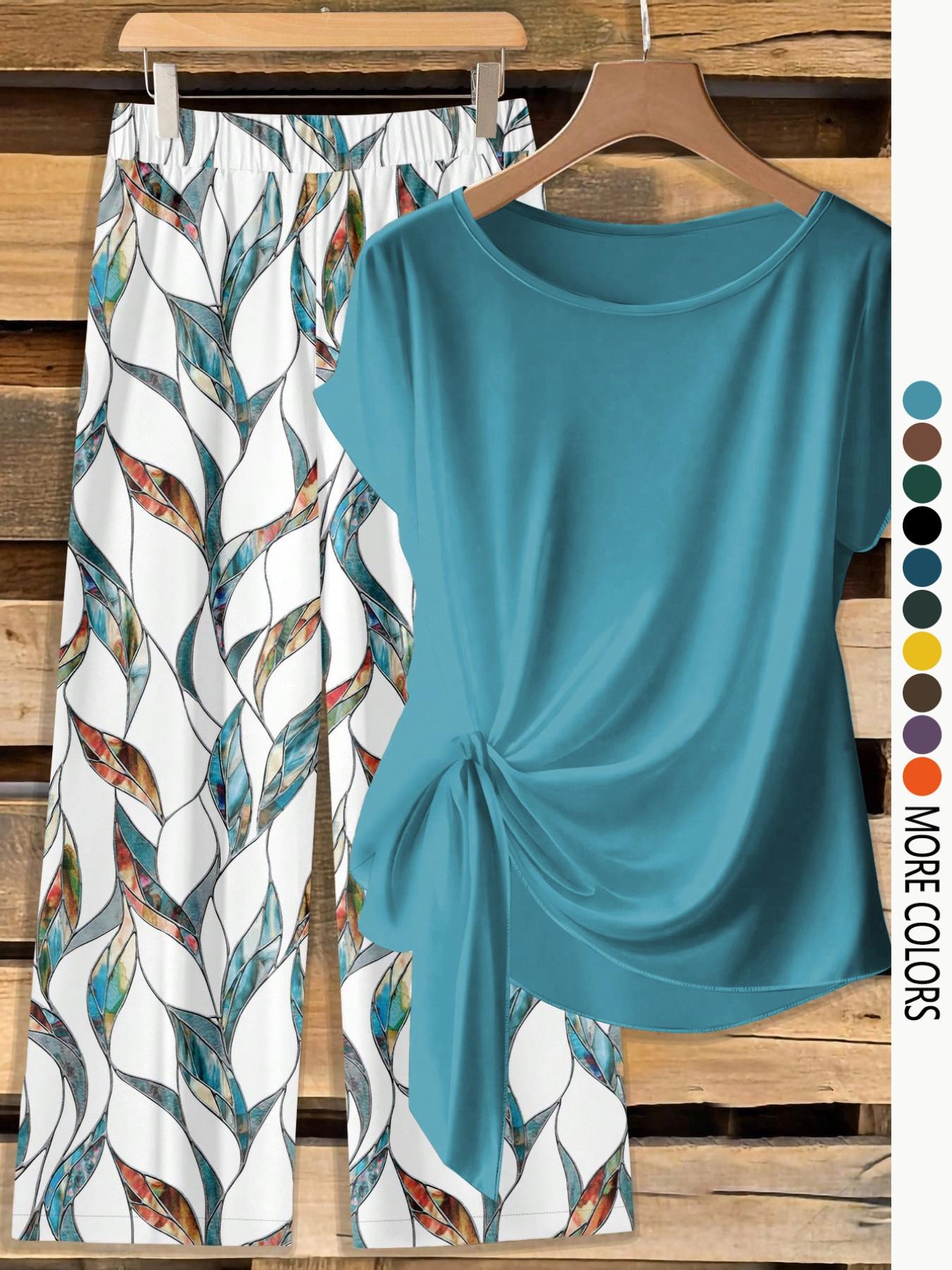 Women's Casual Printed Necktie Shirt and Loose Straight Pants Set, Perfect for Spring and Summer, Comfortable Two-Piece