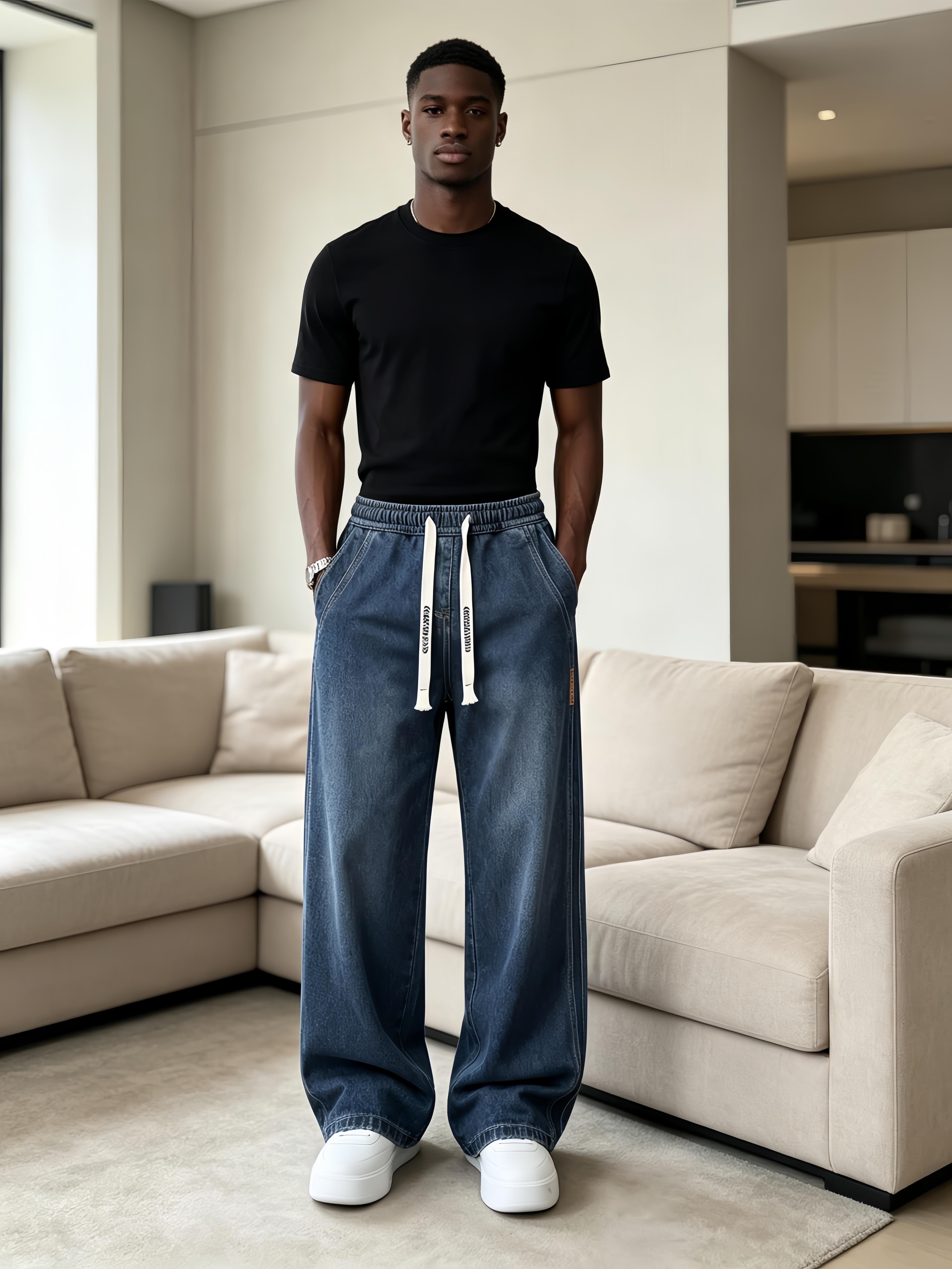 2pcs Men's Drawstring Elastic Waist Straight‑Leg Jeans, Plain Versatile Non‑Stretch Denim Pants & Vintage Washed Stretch Denim Jeans, Relaxed Straight‑Leg Fit, Drawstring Pull‑On Design, All‑Season Regular Everyday Long Pants, Casual Versatile Daily Wear