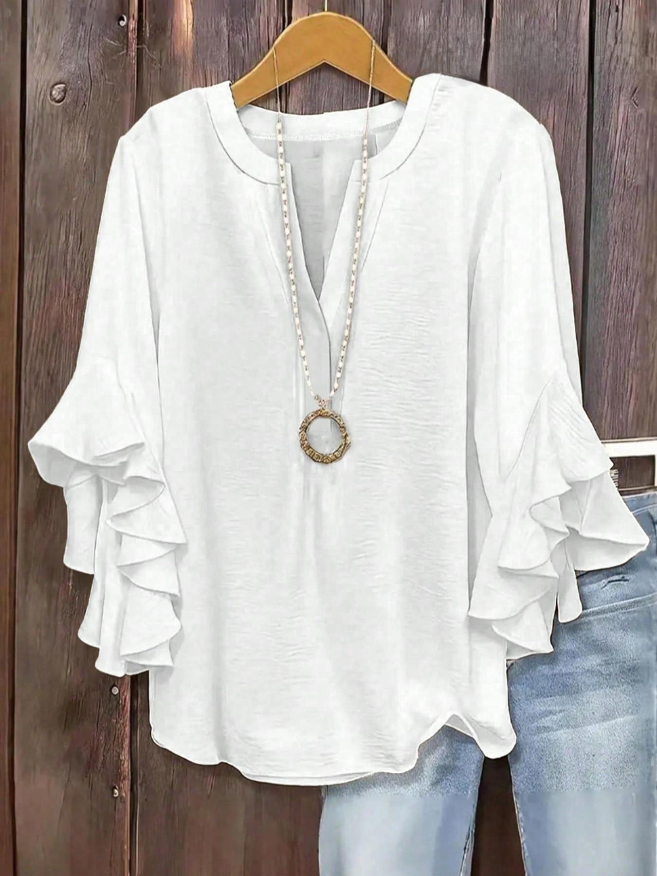Plus Size Women's Ruffled Sleeve V-Neck Shirt Blouse Tops
