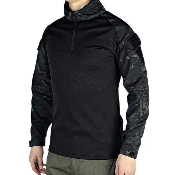 Men&rsquo;s long-sleeve top with a half zipper and stand collar, available in six colors; camouflage color-block design, stretchy and breathable for outdoor wear.