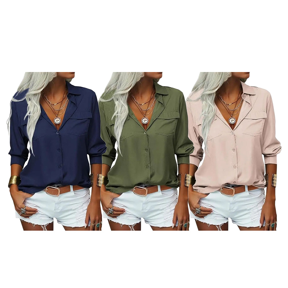 Women‘s Solid Lapel Long Sleeves Button Down Shirt Top Casual Basic Office Blouse