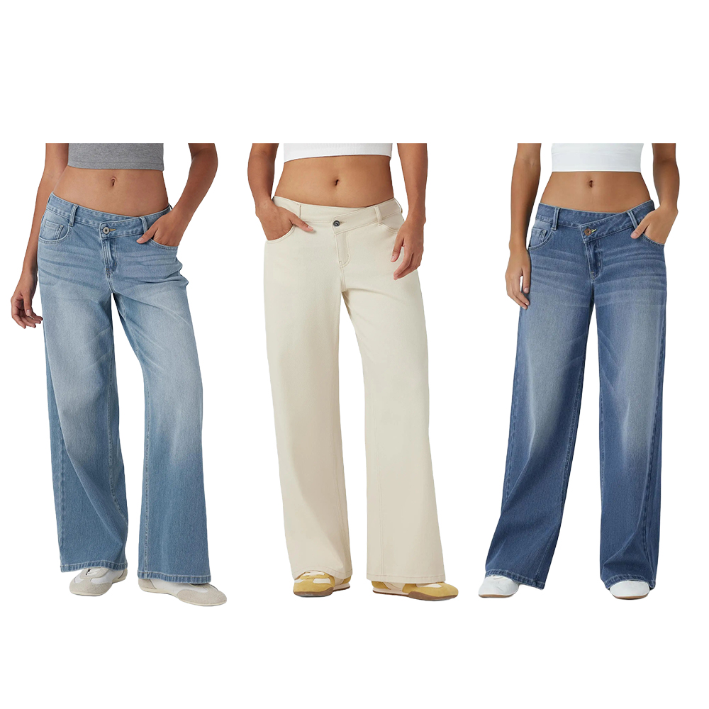 Asymmetric Low Rise Zipper Pockets Baggy Wide Leg Washed Casual Women's Jeans