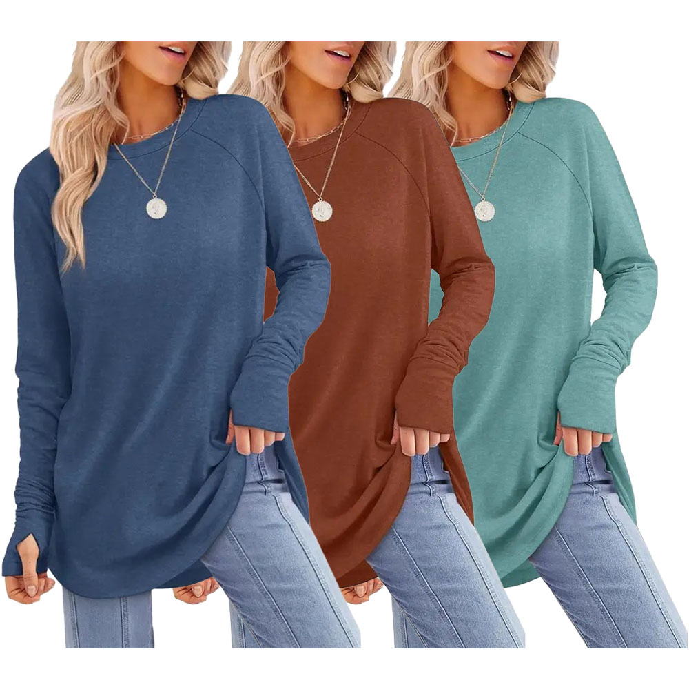 Women's Casual Tunic Tops to Wear with Leggings, Long Sleeve Round Neck Spandex Shirt with Thumb Holes and Curved Hem