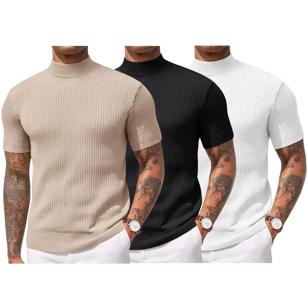 Men's Mock Turtleneck Sweater Short Sleeve Casual Basic Tops Ribbed Knit Pullover Solid Tee