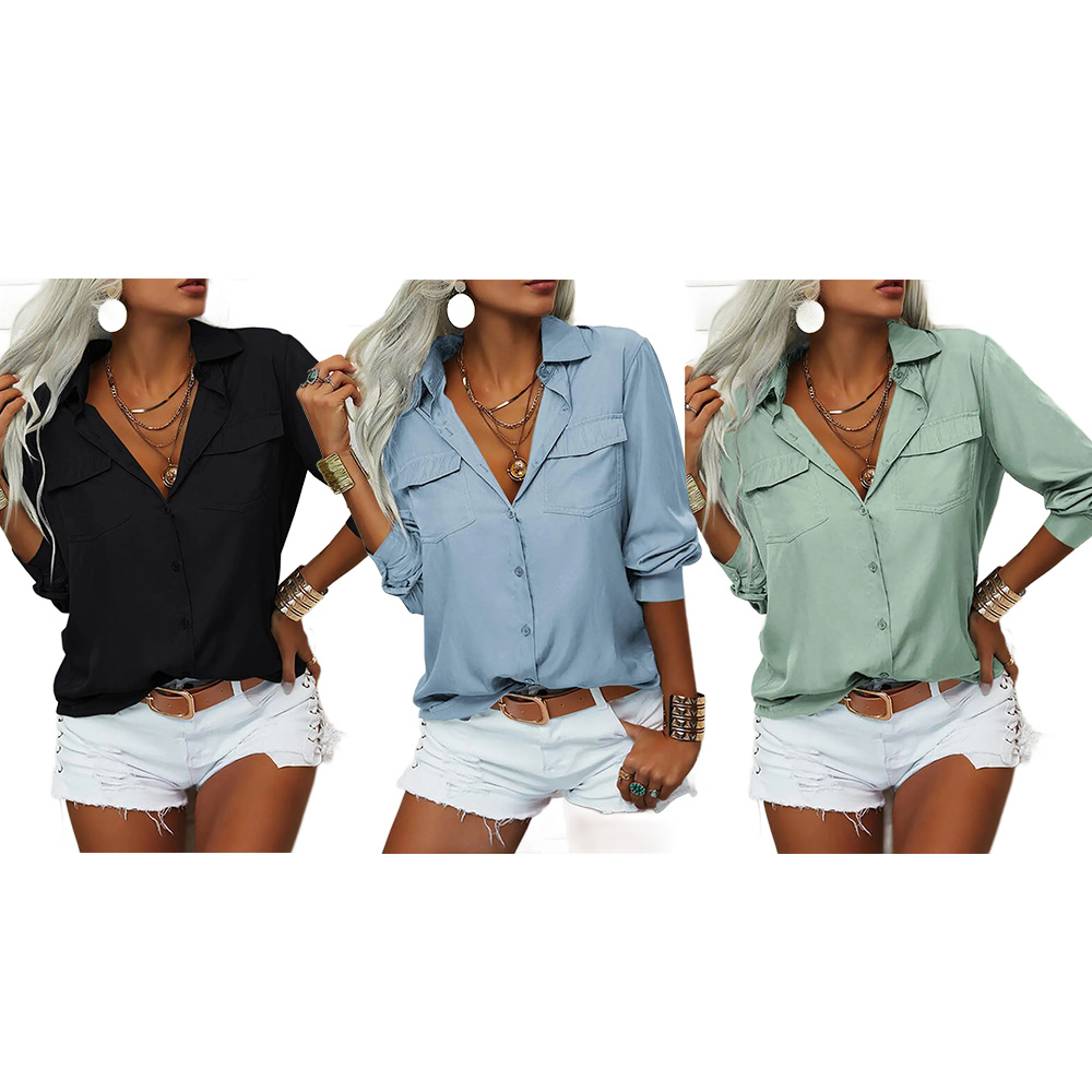 Women‘s Solid Lapel Long Sleeves Button Down Shirt Top Casual Basic Office Blouse