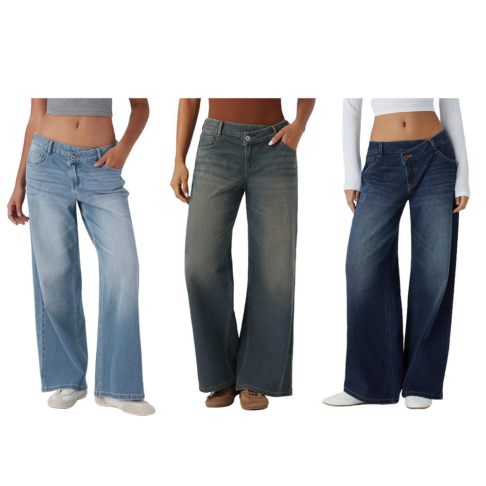 Asymmetric Low Rise Zipper Pockets Baggy Wide Leg Washed Casual Women's Jeans