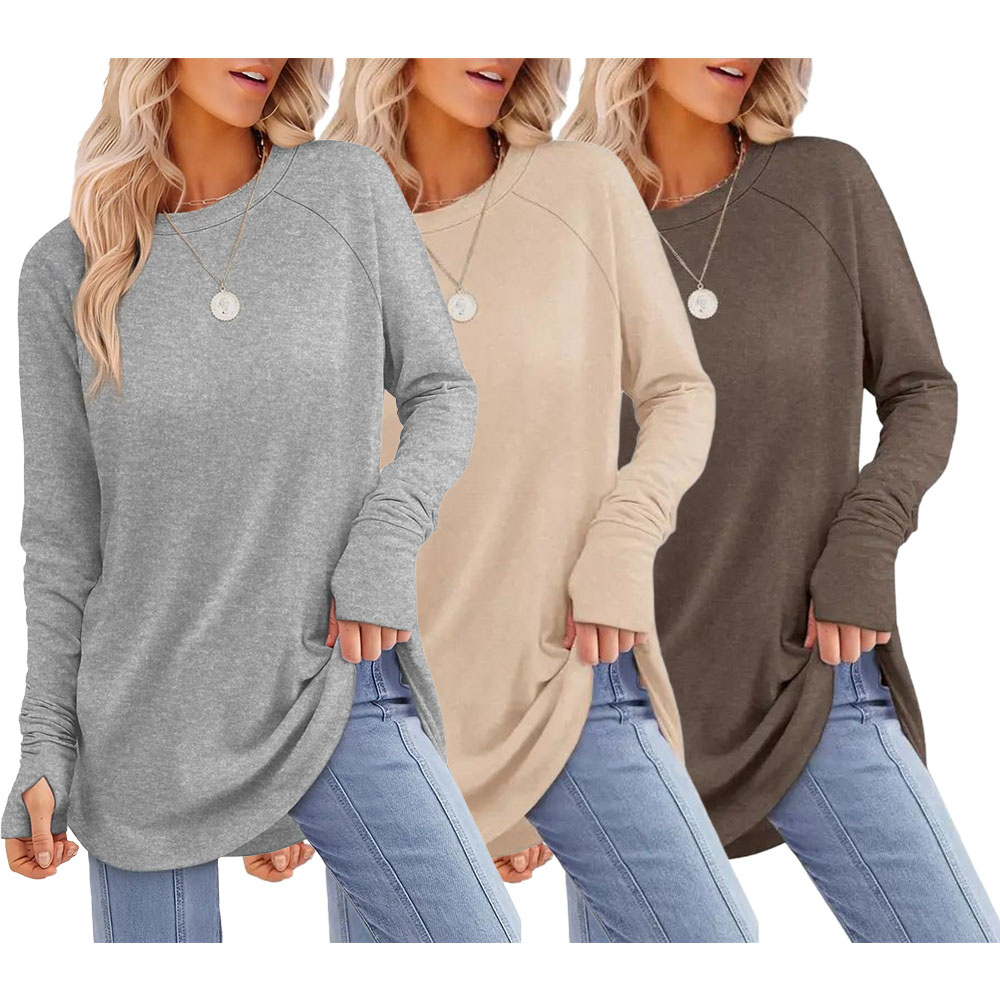 Women's Casual Tunic Tops to Wear with Leggings, Long Sleeve Round Neck Spandex Shirt with Thumb Holes and Curved Hem