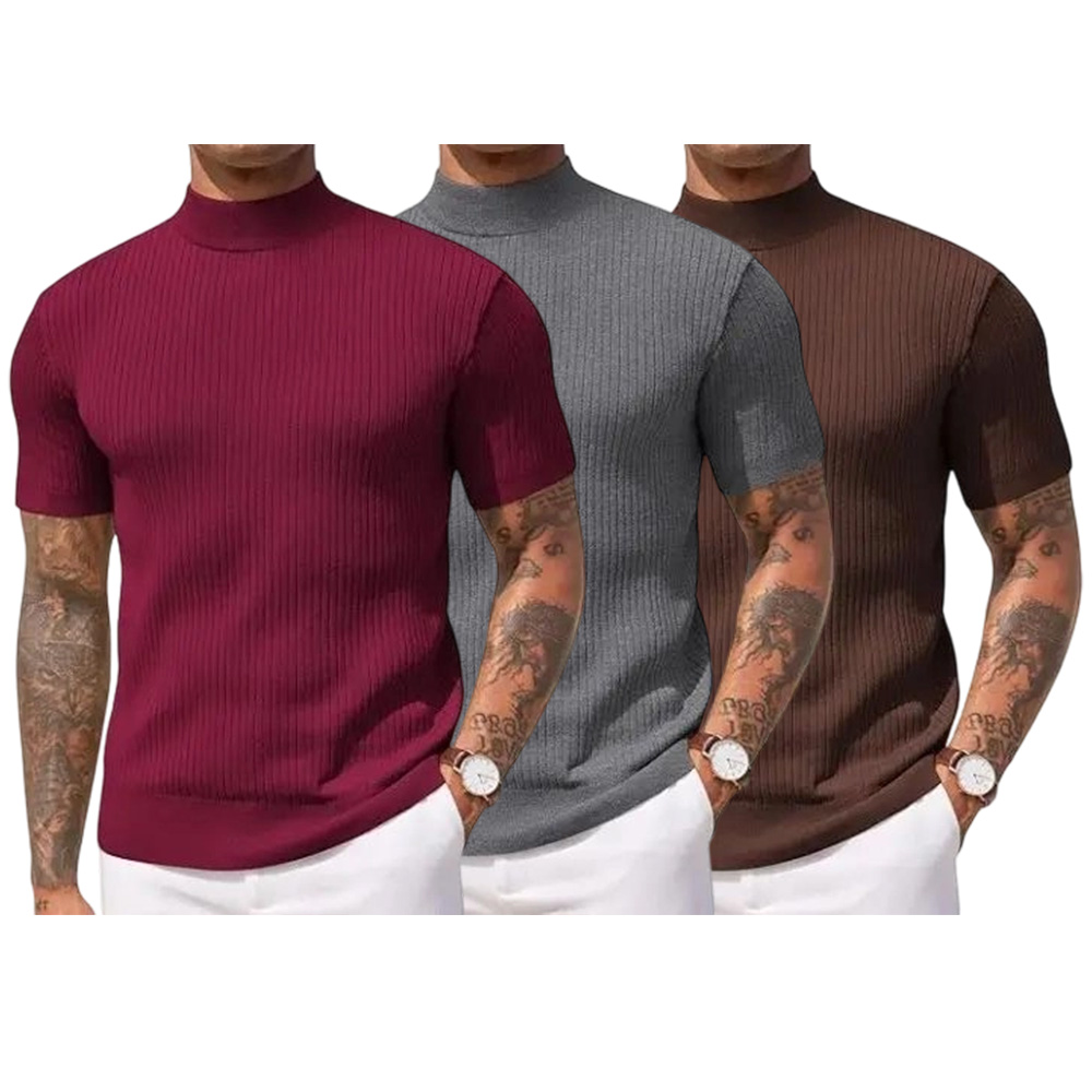 Men's Mock Turtleneck Sweater Short Sleeve Casual Basic Tops Ribbed Knit Pullover Solid Tee