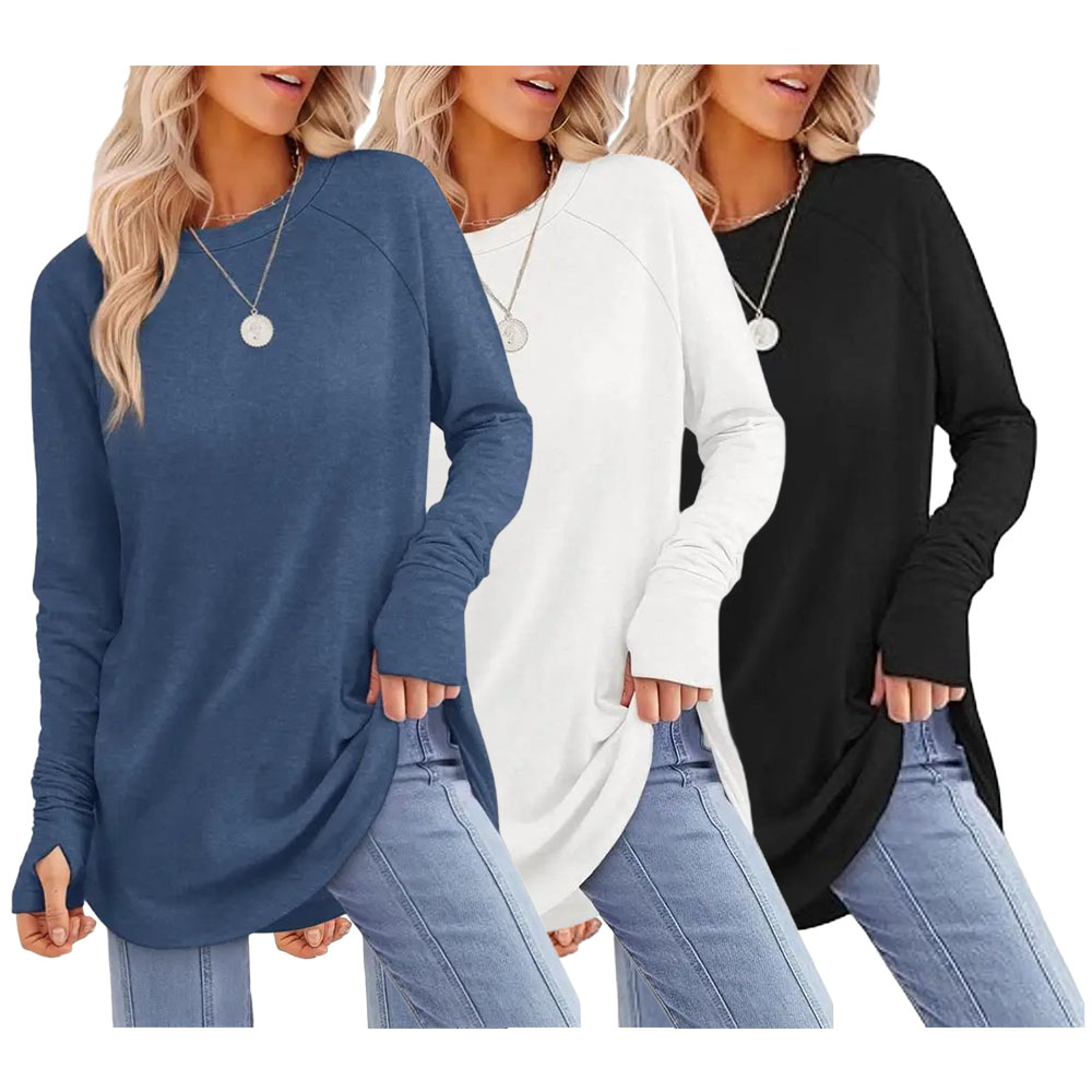 Women's Casual Tunic Tops to Wear with Leggings, Long Sleeve Round Neck Spandex Shirt with Thumb Holes and Curved Hem