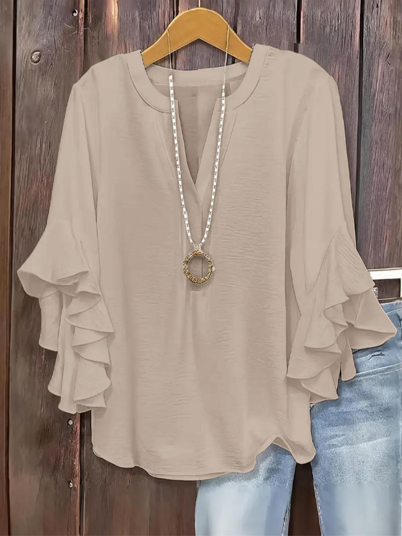 Plus Size Women's Ruffled Sleeve V-Neck Shirt Blouse Tops