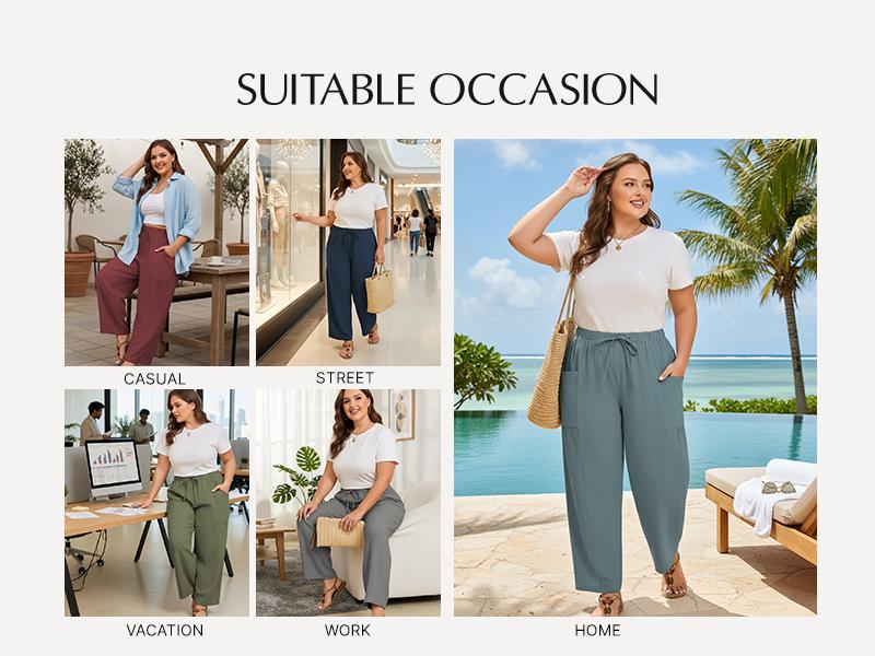 Eytino Womens Plus Size Wide Leg Pants Elastic Waist Drawstring Casual Palazzo Pants Cotton Lounge Trouser with Pockets(1X-5X)