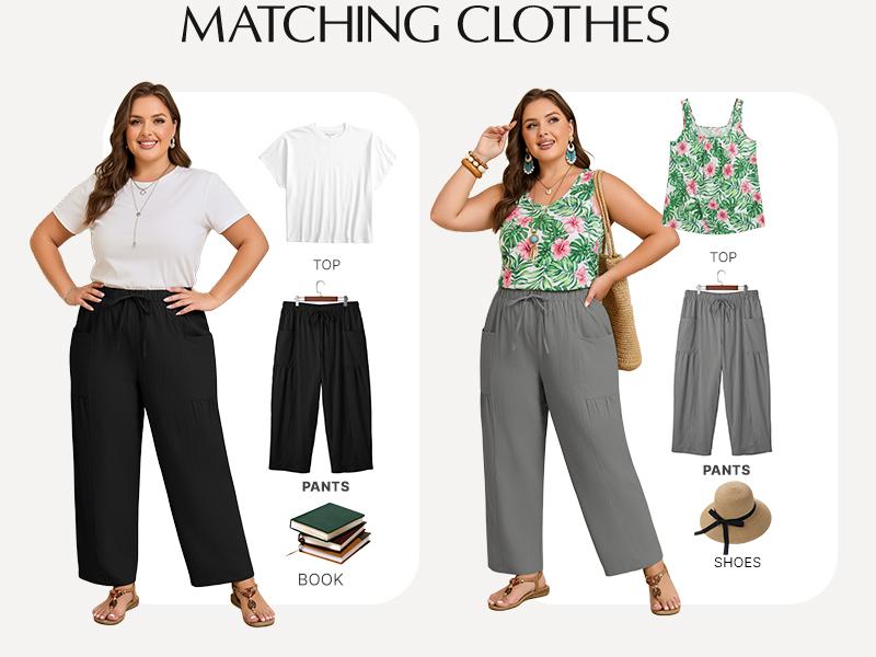 Eytino Womens Plus Size Wide Leg Pants Elastic Waist Drawstring Casual Palazzo Pants Cotton Lounge Trouser with Pockets(1X-5X)