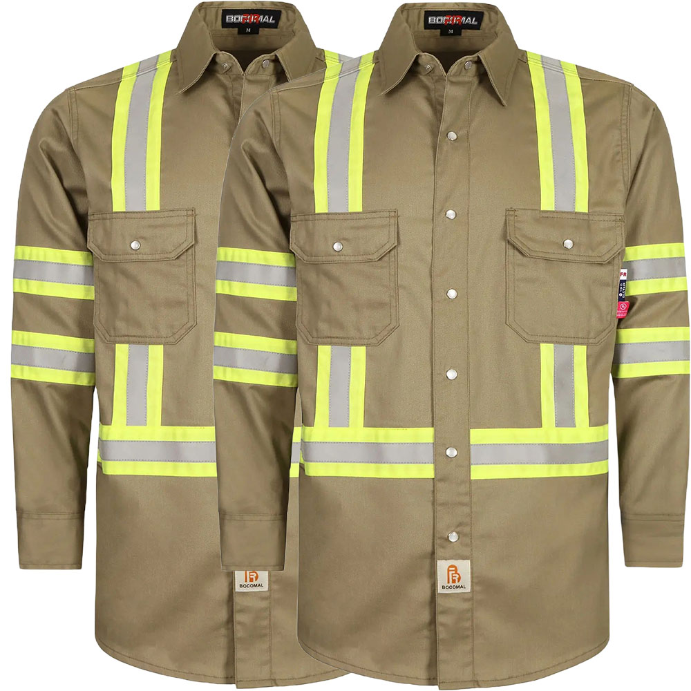 6.5 oz French hi-vis work shirts with pearl snap closure