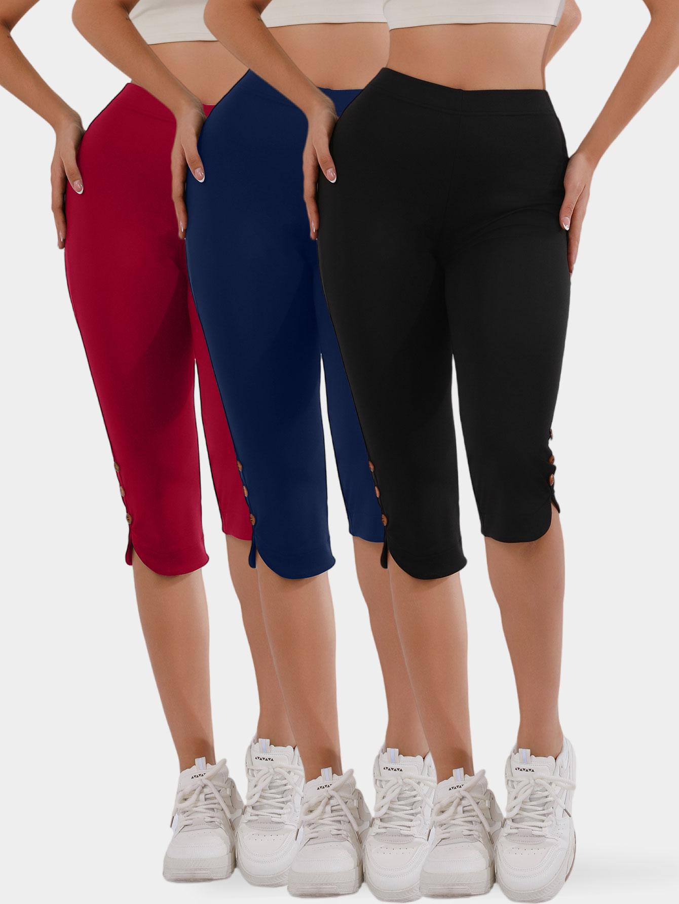 Women's High-Waisted Slimming Yoga Pants 3-Pack Butt-Lifting 4-Way Stretch Silky Soft 7/8 Length Button Detail for Workouts & Casual Wear - Clothes, Womenswear Women's High-Waisted Slimming Yoga Pants 3-Pack Butt-Lifting 4-Way Stretch Silky Soft 7/8 Length Button Detail for Workouts & Casual Wear - Clothes, Womenswear