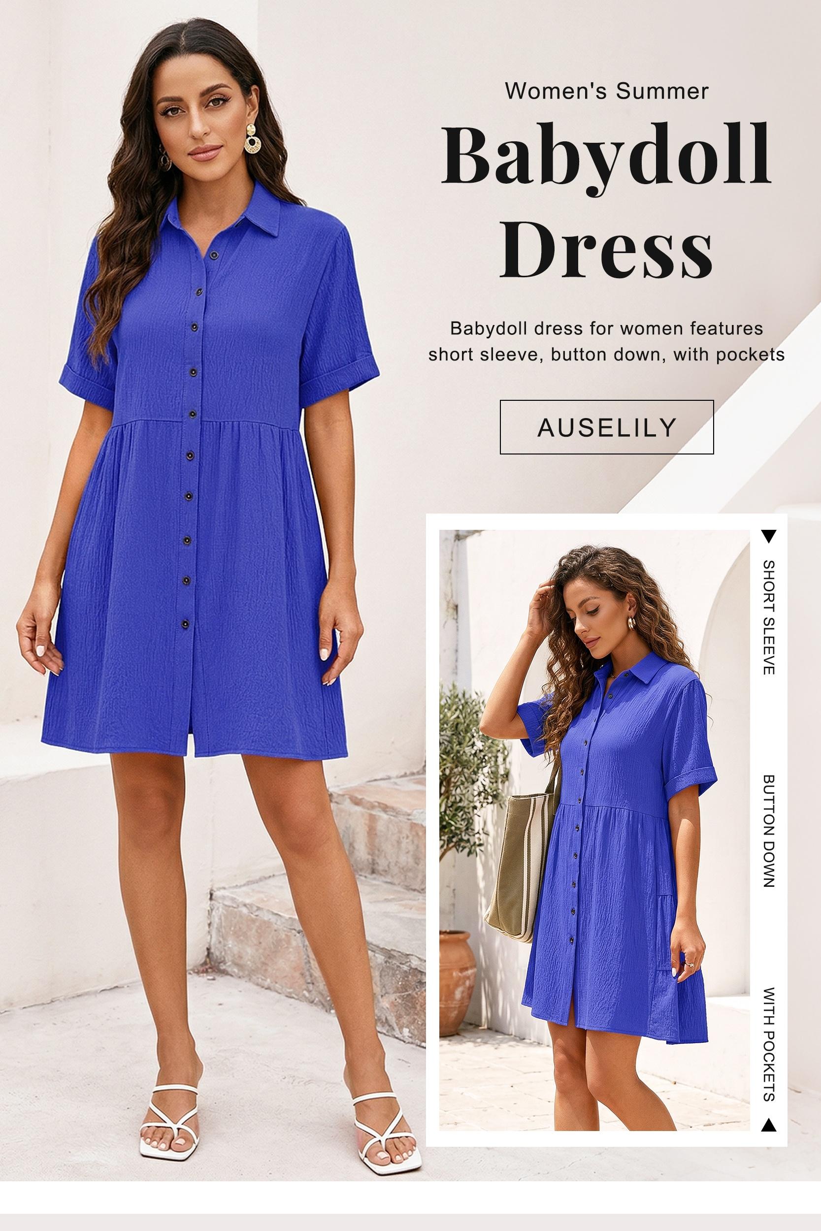 AUSELILY Babydoll Dress for Women Short Sleeve Button Down Textured Non-clingy Loose Fit Flowy Mini Dress with Pockets 2026 New Summer Dress