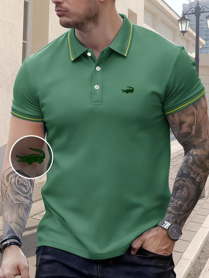 Men's Regular Fit Letter Print Contrast Trim Polo Shirt, Casual Short Sleeve Half Zip Top for Summer, Fashion Men's Clothes for Daily Wear, Tropical