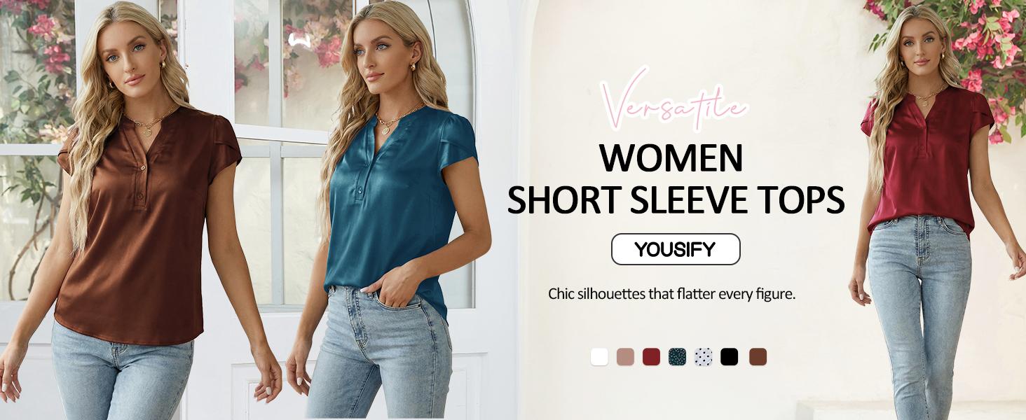 Yousify Women Satin Blouse for Women Business Work Tops Casual Cap Sleeve V Neck Button Down Shirts Black Basic,back to school,back to school shopping,clothes for back to school,first day of school outfits