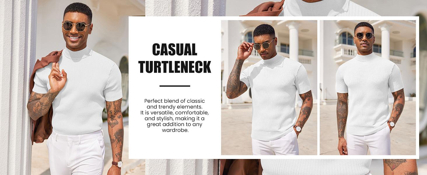 COOFANDY Men's Mock Turtleneck Sweater Short Sleeve Casual Basic Tops Ribbed Knit Pullover Solid Tee