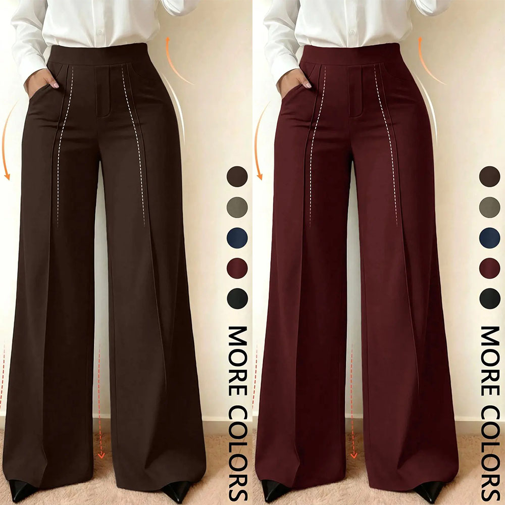 Wide Leg Commuter Pants, Front Center Split with Pockets, Loose Fit Slimming Suit Pants