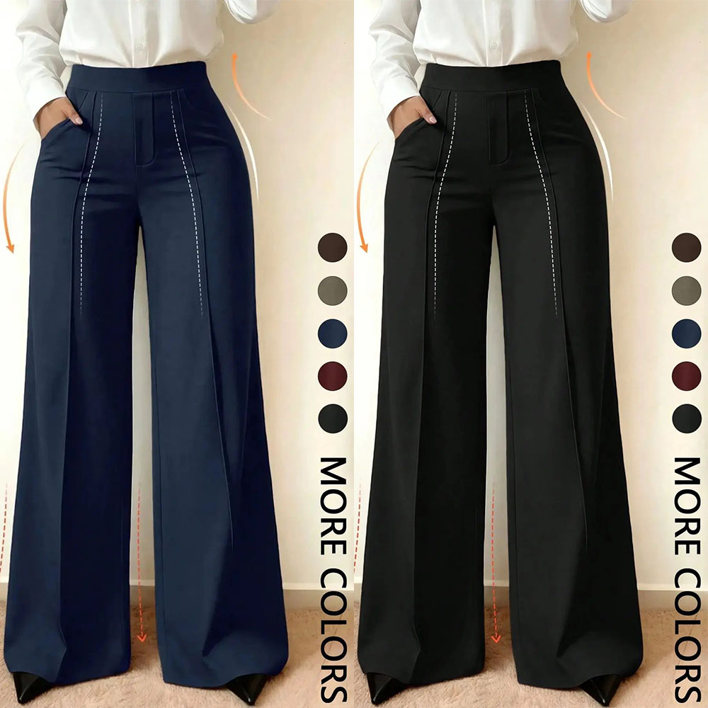 Wide Leg Commuter Pants, Front Center Split with Pockets, Loose Fit Slimming Suit Pants