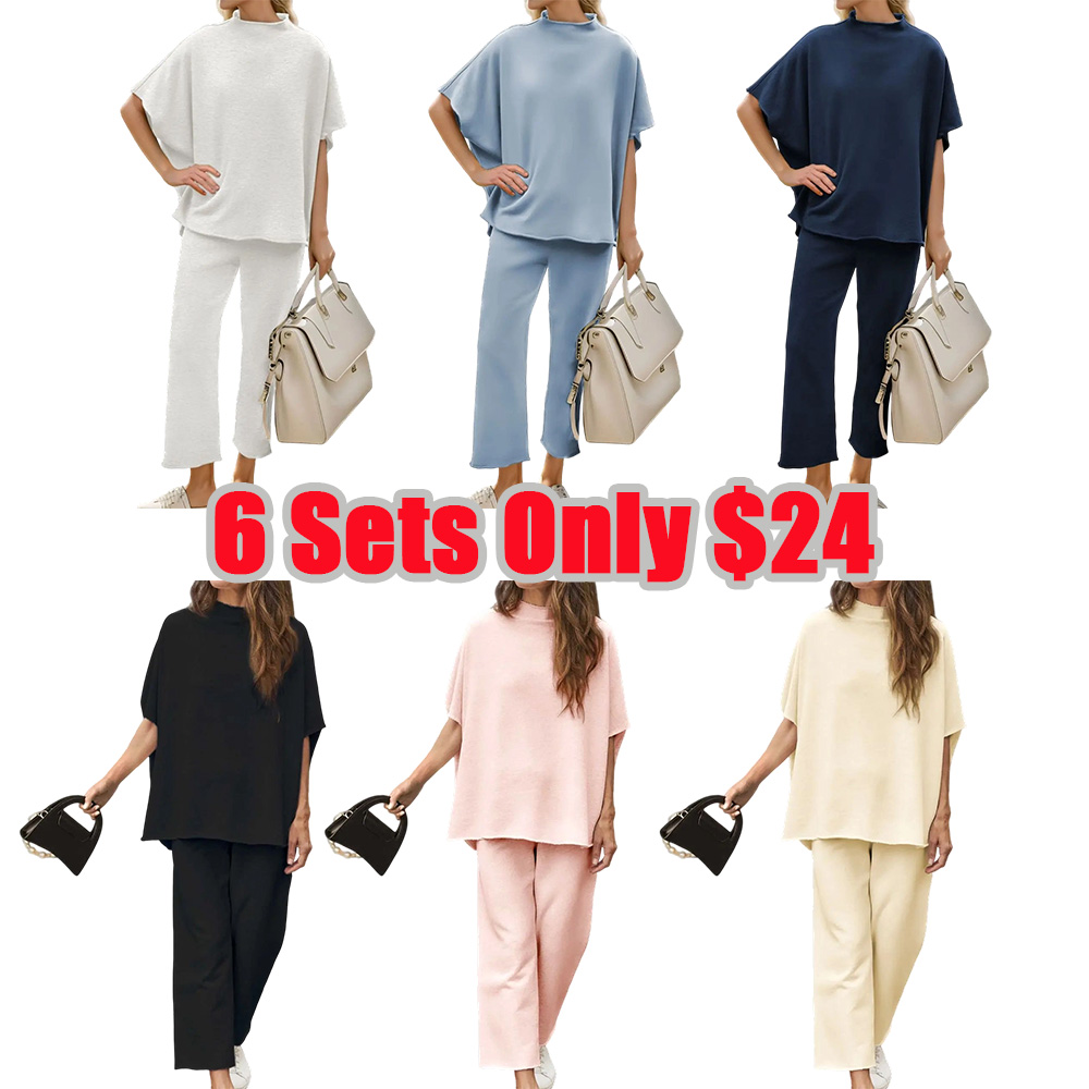 Women's Casual Two-Piece Outfits 3/4 Batwing Sleeve Capelet CrewNeck Pullover Top & Wide Leg Pants Lounge Sets Sweatsuit Blazer Trouser Womenswear Clothes Gamis