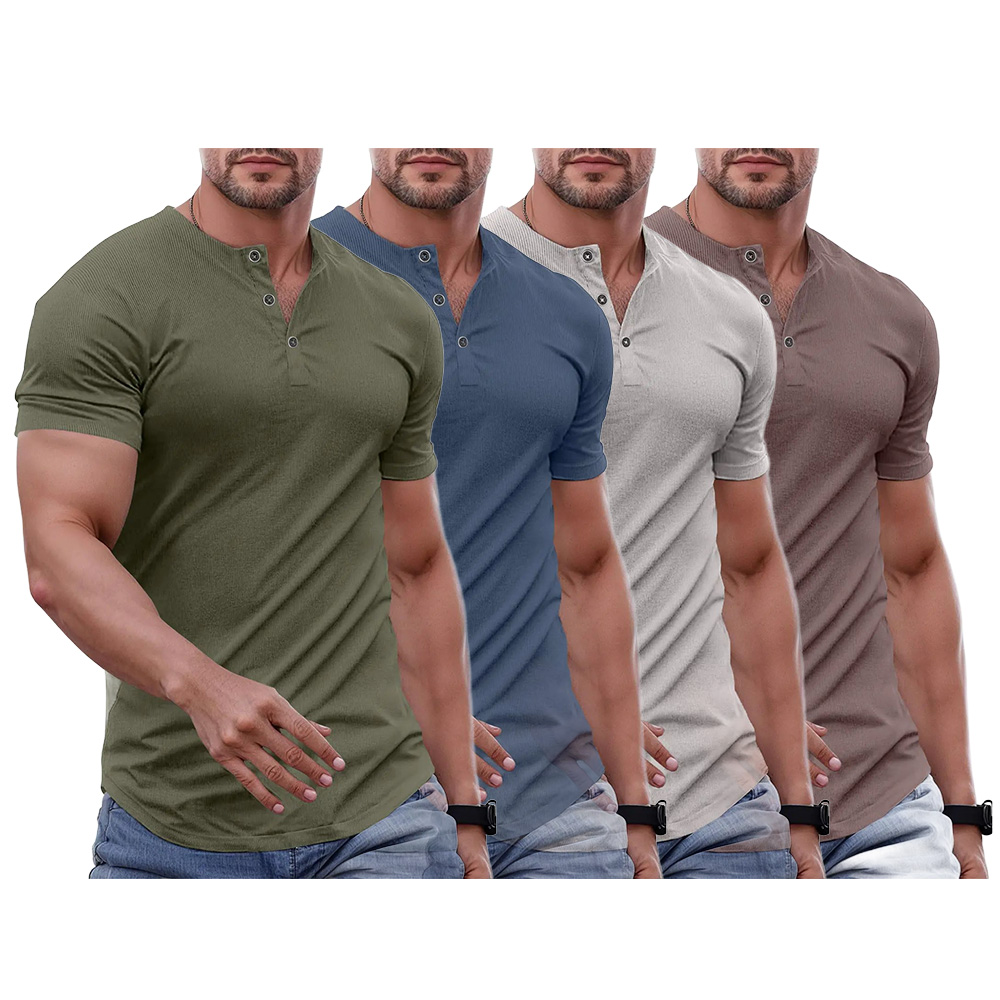Men's Plain Muscle Slim Fitted Henley Shirts Crewneck Longline T-Shirt Gym Workout Athletic Shirt Tees with Button Menswear Casual Tops