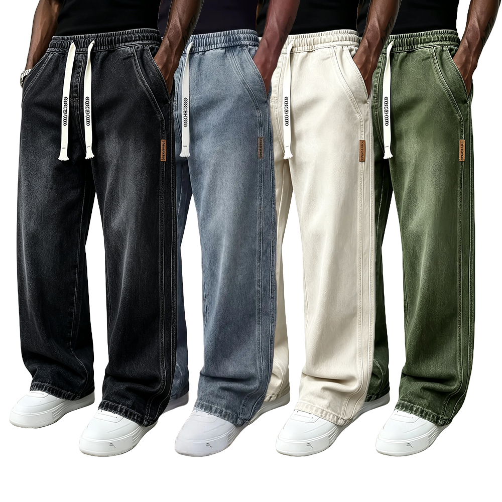 Men's Drawstring Elastic Waist Straight‑Leg Jeans, Plain Versatile Non‑Stretch Denim Pants & Vintage Washed Stretch Denim Jeans
