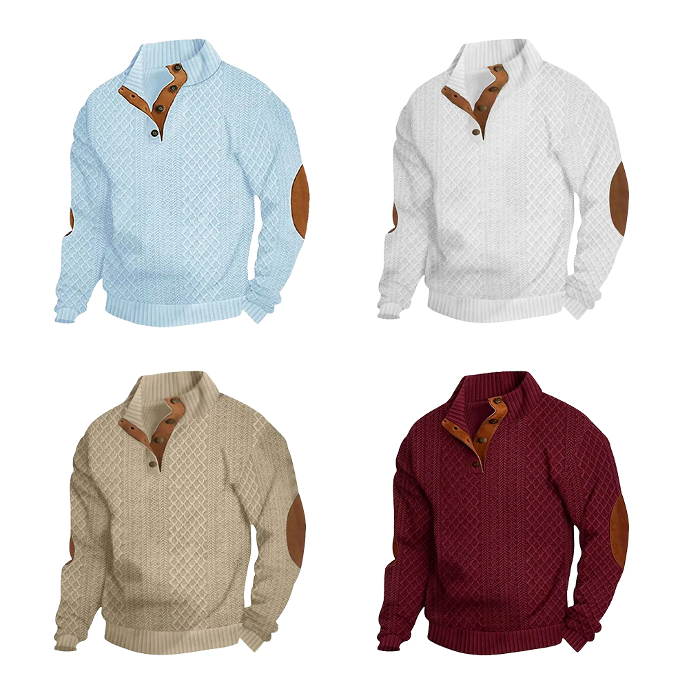 Men's Stand Collar Jacquard Knit Pullover Sweater, Micro Stretch 100% Polyester Long Sleeve Elbow Patch Casual Outdoor Sweatshirt for Spring Autumn