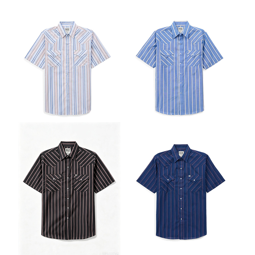 Men's Short-Sleeve Stripe Western Snap Shirt, Menswear Tops with Functional Fabric and Pocket, Shortsleeve, Classic, Polyester, Casual, Male Clothing