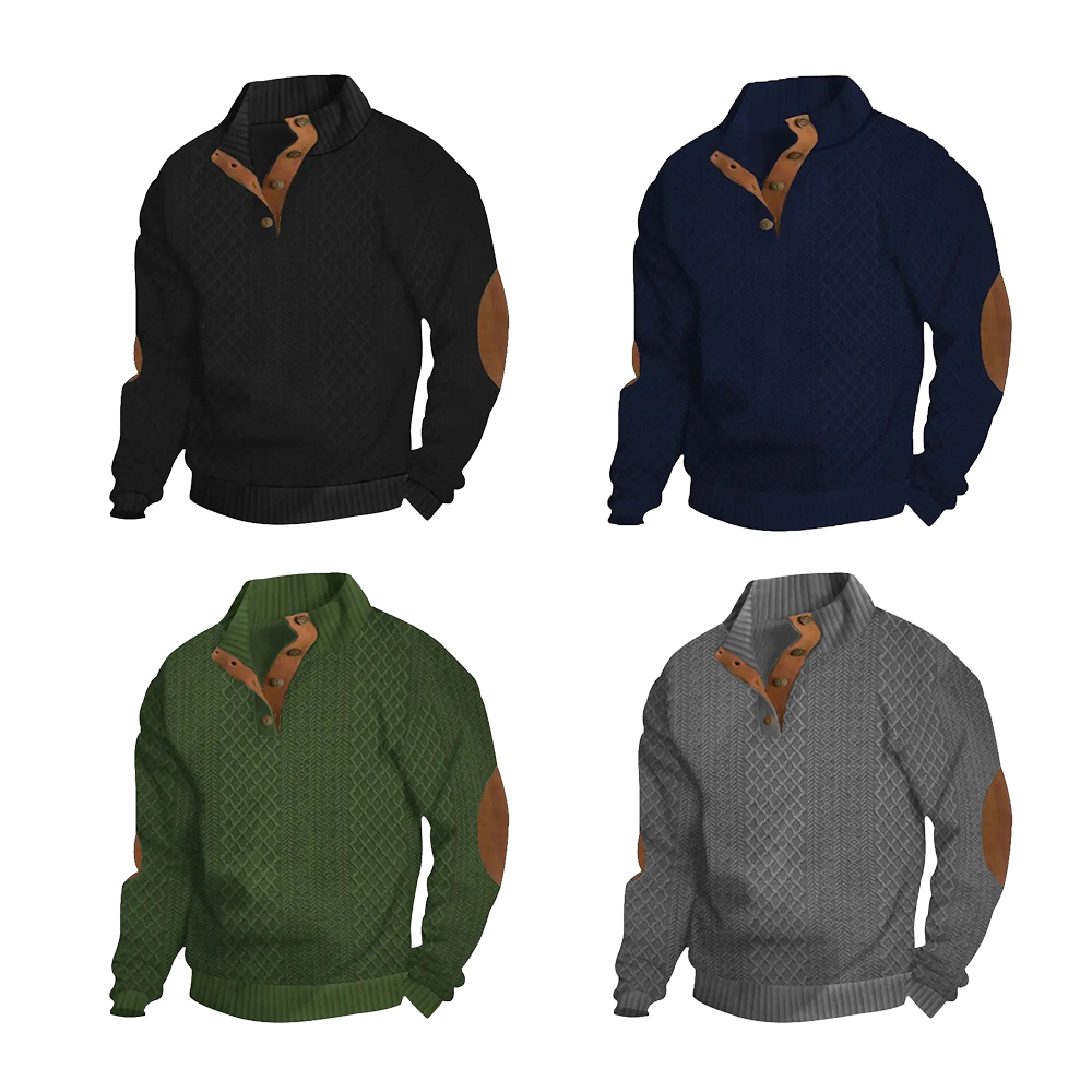 Men's Stand Collar Jacquard Knit Pullover Sweater, Micro Stretch 100% Polyester Long Sleeve Elbow Patch Casual Outdoor Sweatshirt for Spring Autumn
