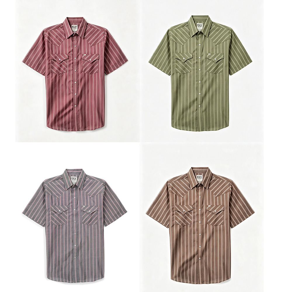 Men's Short-Sleeve Stripe Western Snap Shirt, Menswear Tops with Functional Fabric and Pocket, Shortsleeve, Classic, Polyester, Casual, Male Clothing