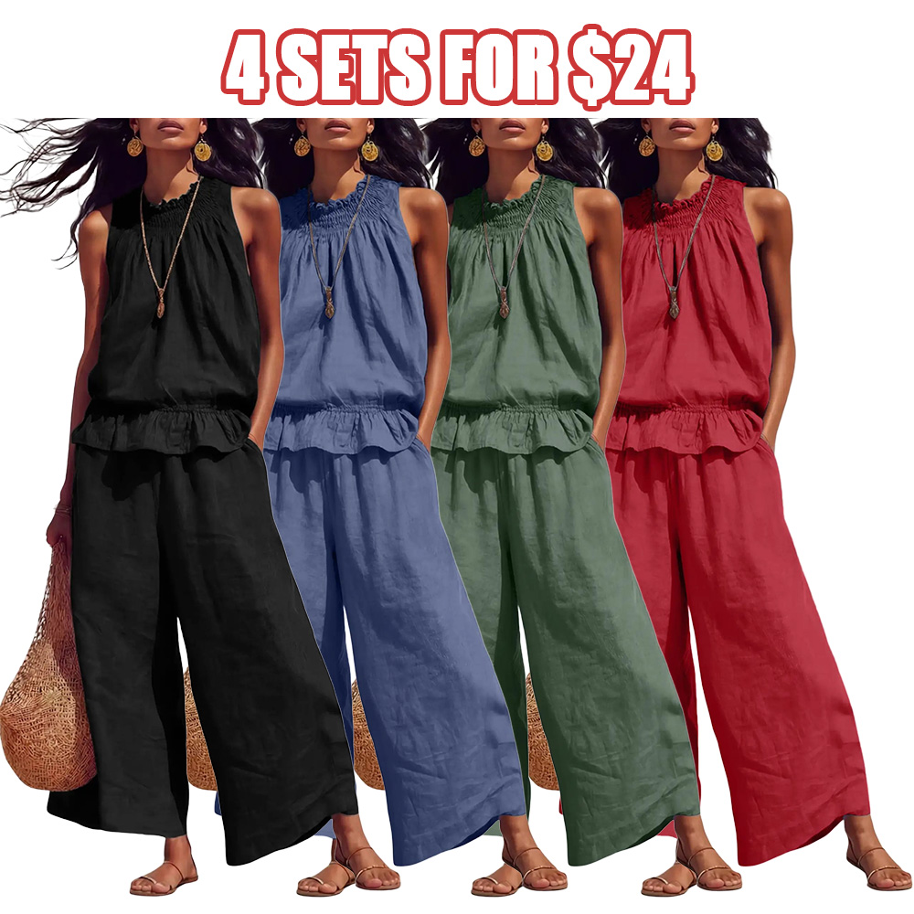 Women's Linen 2 Piece Outfits Sleeveless Ruffle Top Wide Leg Pants Summer Loungewear Beach Travel Sets Clothes Womenswear