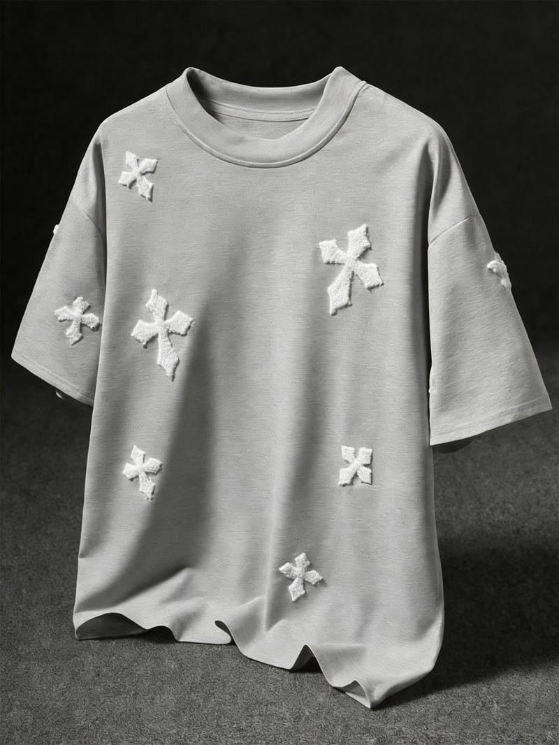 Men's Cross Stitch Embroidered Solid Color Round Neck T-Shirt, Casual Fitted Long Sleeve Top for All Seasons, Sporty College Style