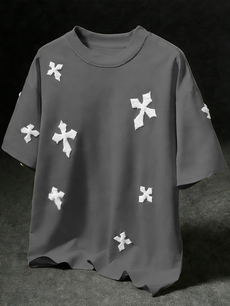 Men's Cross Stitch Embroidered Solid Color Round Neck T-Shirt, Casual Fitted Long Sleeve Top for All Seasons, Sporty College Style
