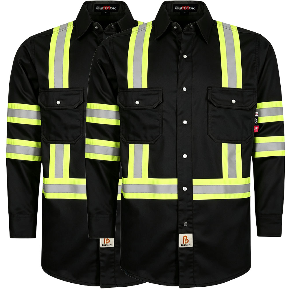 6.5 oz French hi-vis work shirts with pearl snap closure