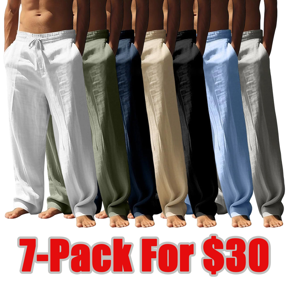 Men’s casual long pants with a loose drawstring waist; lightweight polyester fabric; classic straight leg design; breathable and comfortable; suitable for everyday wear, outdoor travel, vacations, and weekend leisure.